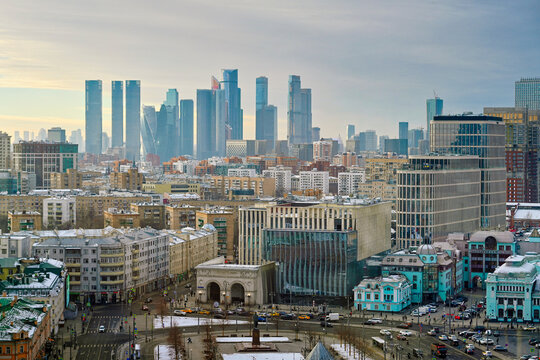 Panoramic view of the old and modern city near Tverskaya Zastava Square at winter sunset, Moscow city in Russia