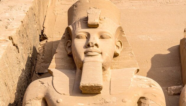 Close-up of a colossal ancient pharaoh statue carved into sandstone cliffside. Facial features, headdress, and beard
