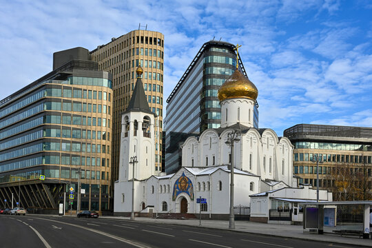Street view of the Old Believer St. Nicholas Church near Tverskaya Zastava Square, Moscow city in Russia