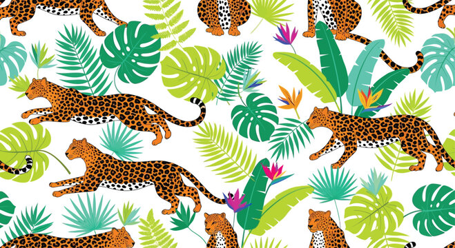 Tropical jungle pattern with leopards, green leaves, and colorful flowers on white background