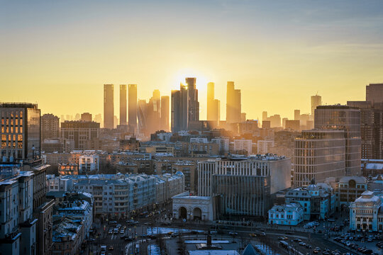 Golden sunset over the Tverskaya Zastava Square in Moscow, Moscow city in Russia