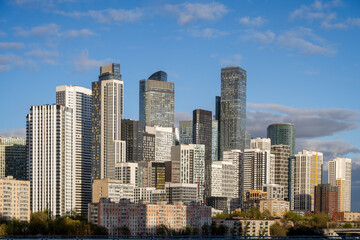 Fototapeta premium Dense cluster of residential skyscrapers in the Shelepikha district, Moscow city in Russia