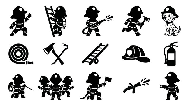 Firefighter Icons: Cartoon Silhouettes of Heroes, Equipment, and Dog