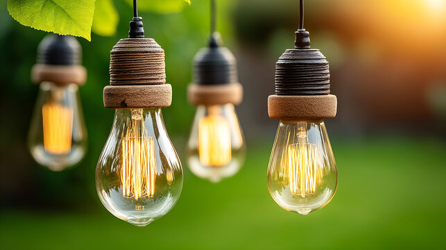 Vintage edison bulb string lights hanging outdoors in green garden with decoration, lighting