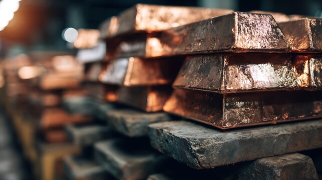 Stack of copper metal ingots in an industrial manufacturing warehouse.