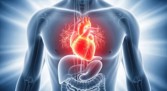 Illuminated human heart anatomy highlighting circulatory system