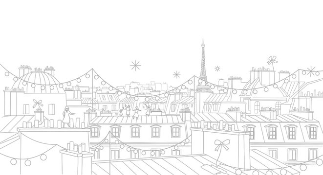 Parisian Rooftops Skyline with Eiffel Tower Silhouette and Festive Lights Outline