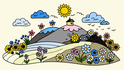 Cute cartoon snail with house on back walking in spring garden © Devili