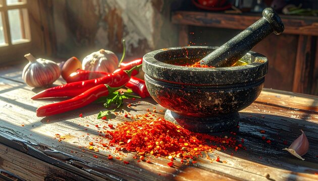 Traditional stone mortar and pestle grinding red chili paste on rustic table