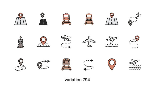 Travel Icons: Map Pin, Train, Airplane, Location