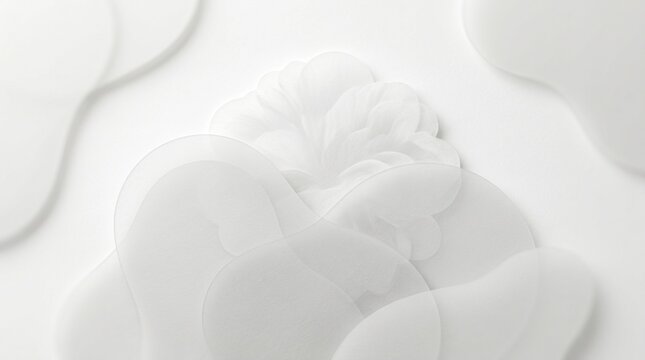 white abstract cloud, translucent gel circles, organic liquid shapes, abstract droplet pattern, layered fluid design, clean minimalist aesthetic, flowing serum texture, soft natural light, transparent