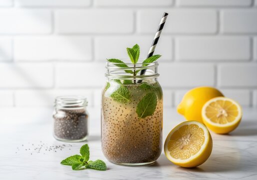 Healthy chia seed drink with lemon and mint in a glass jar on white marble table with brick wall background