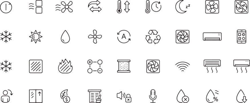 HVAC and Air Conditioning System Line Icon Set. Smart Home Climate Control and Ventilation Vector Icons.