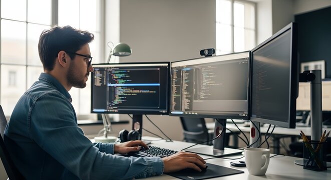 Young professional coding at multiple computer screens desk