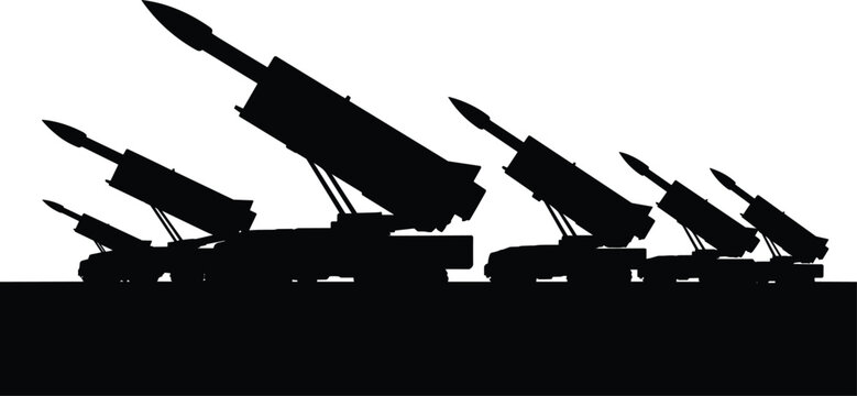 Black silhouette illustration of military missile launcher vehicles representing defense technology, weapon systems, and armed forces concepts