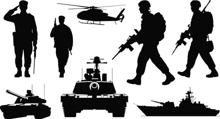 Black silhouette illustration of soldiers, tanks, helicopter, and warship representing armed forces, defense, and military technology concepts © anisur-creatives