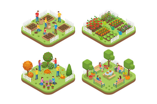 Isometric vector set of community gardening activities planting, harvesting, and leisure, fostering sustainable, healthy urban lifestyles