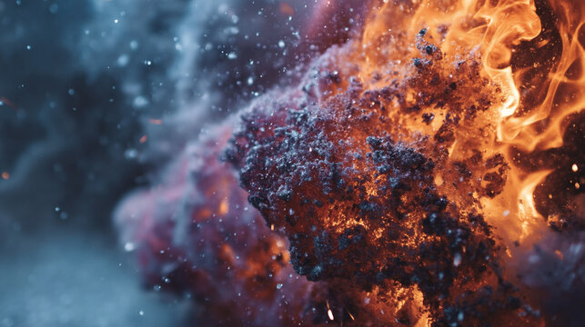 Summary of combustion with orange flames and water droplets