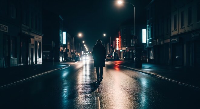 Lone silhouette walking down neon wet city street at night.
