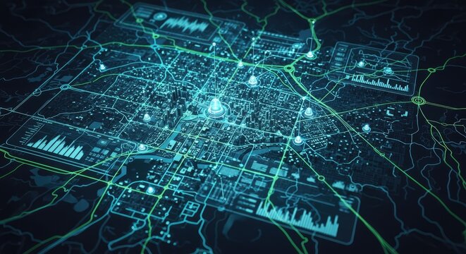 Abstract digital city map with connected lines and data visualization