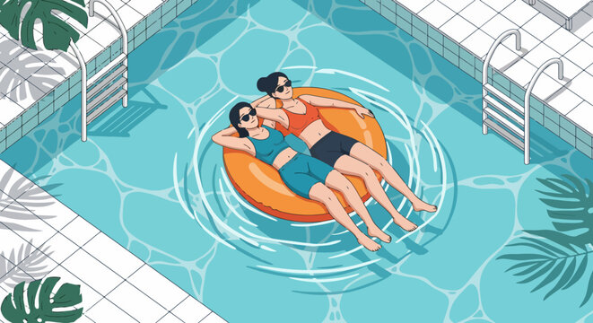 Two women relaxing on inflatable float in swimming pool.
