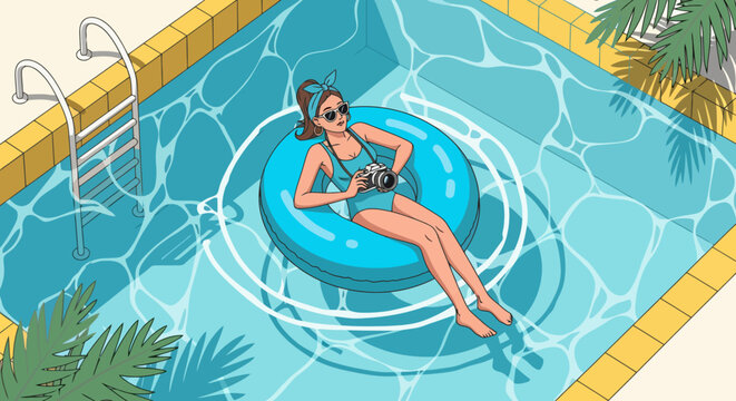 Woman in swimsuit with camera on inflatable ring in pool.