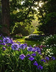 Naklejka premium A serene garden pathway lined with vibrant flowers and lush greenery (3)