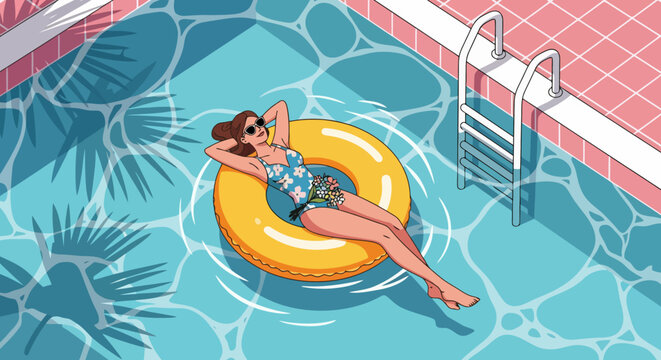 Woman relaxing on a yellow inflatable ring in a swimming pool.