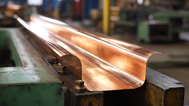 Industrial manufacturing of custom copper gutter profile in metal workshop.