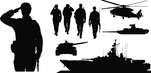 Silhouettes of military soldiers, tanks, helicopter, and warship representing armed forces land air sea defense © anisur-creatives