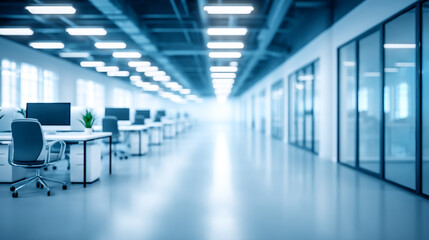 Fototapeta premium Modern office interior with rows of desks and computers office building no people office space