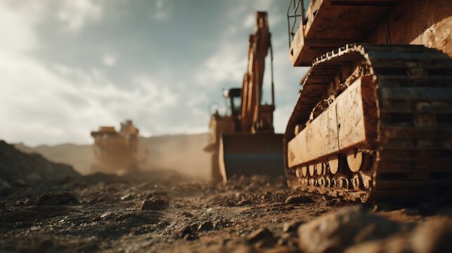 Large heavy construction machinery operating in an open pit mining site.