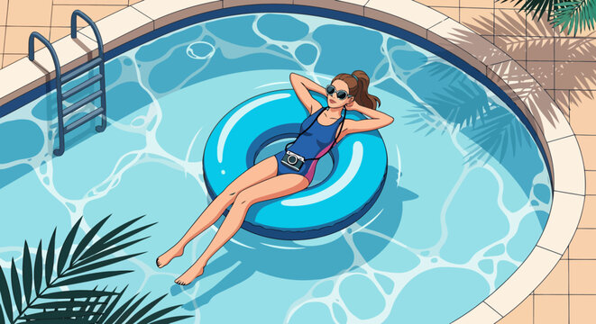 Woman relaxing on inflatable ring in swimming pool.