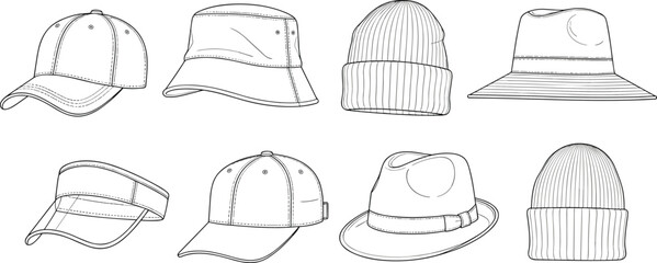 Hat collection technical sketch set featuring caps, bucket hats, beanies, visors and fedora styles for fashion accessory design © Salman