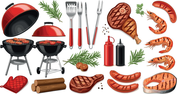 BBQ Grill and Cooking Tools Vector Set with Meat, Sausages, Shrimp, Sauces, and Firewood for Outdoor Cooking, BBQ Party, and Culinary Design