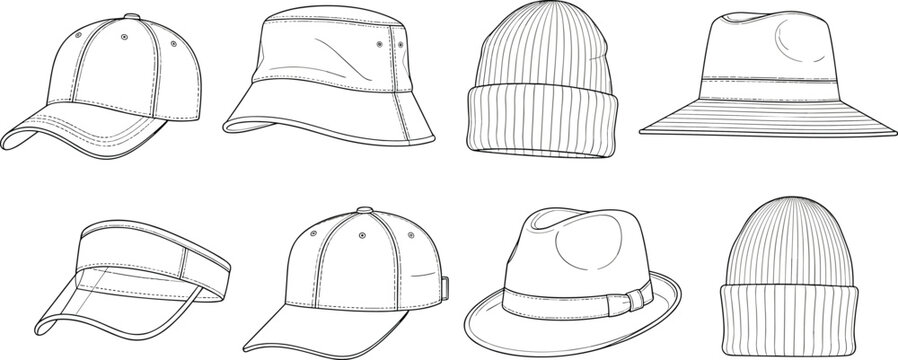 Hat collection technical sketch set featuring caps, bucket hats, beanies, visors and fedora styles for fashion accessory design