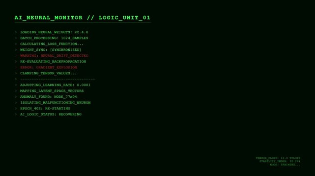 Futuristic AI Neural Monitor HUD with Green Digital Command Line Interface and Artificial Intelligence Machine Learning Training Monitoring Screen.