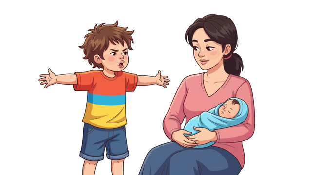 Mother holding newborn baby, older sibling feels jealous, family illustration