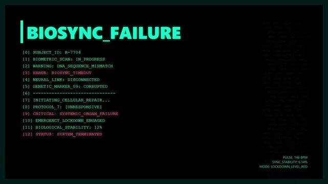 Futuristic Biosync Failure Emergency HUD with Critical Biological System Error Warning and Glitch Digital DNA Sequence Interface Monitoring Screen.