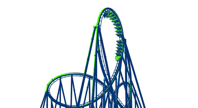 Thrilling Roller Coaster Ride with Loops and Drops Against White Background