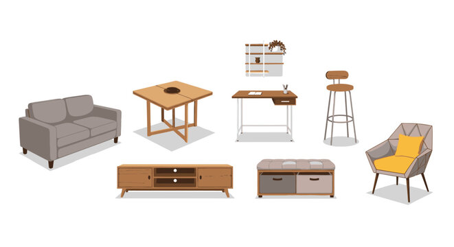 Modern Furniture Collection Vector Illustration Set featuring Grey Sofa Wooden Dining Table Office Desk Bar Stool Yellow Armchair TV Stand and Storage Bench.