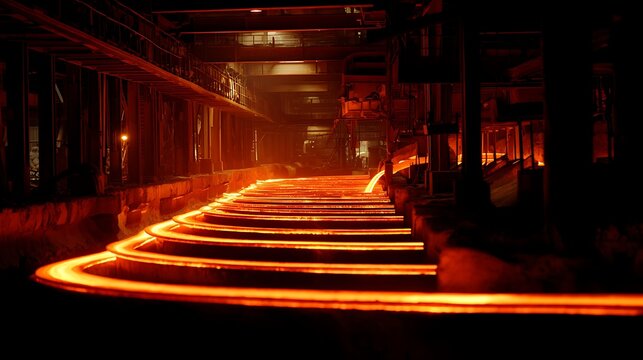 Molten steel flowing through industrial factory rollers.