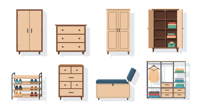 Set of Minimalist Modern Wooden Furniture Icons and Flat Vector Illustrations for Home Interior Design Including Wardrobes, Dressers, Shoe Rack and Storage Bench