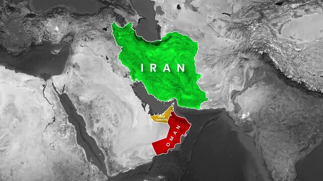 Middle East political map highlighting Iran, Oman, and the UAE, with geographical animation