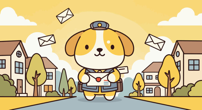 Adorable cartoon dog postman delivering mail with a cheerful expression.