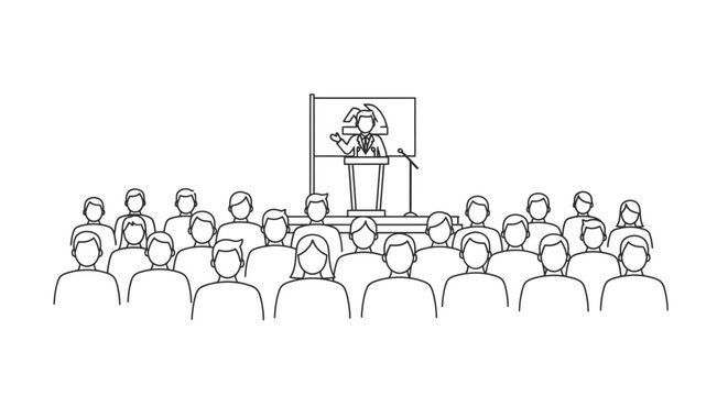 Line drawing of a presenter speaking to an audience with a screen behind in a simple, monochromatic style conveying a professional and educational mood.