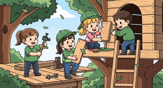 Four happy children building a wooden treehouse together, demonstrating teamwork and construction skills.