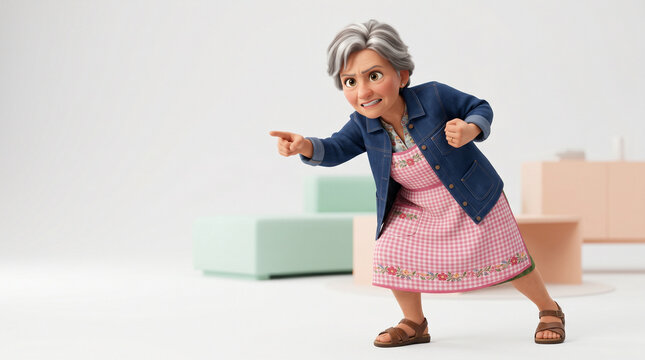 Angry grandmother character pointing finger and yelling in 3d style