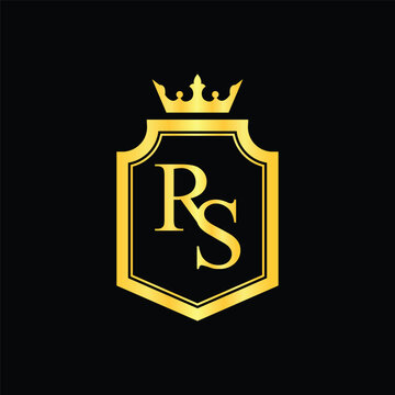Luxury monogram logo with letter RS inside shield and crown