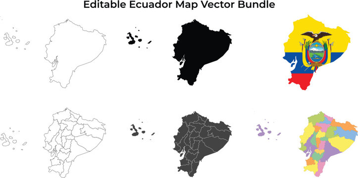 Ecuador map bundle: outlines, silhouette, flag, and provinces